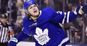 Toronto Maple Leafs centre William Nylander (29) celebrates his goal against the Boston Bruins during second period NHL round one playoff hockey action in Toronto on April 23, 2018. (THE CANADIAN PRESS/Frank Gunn)